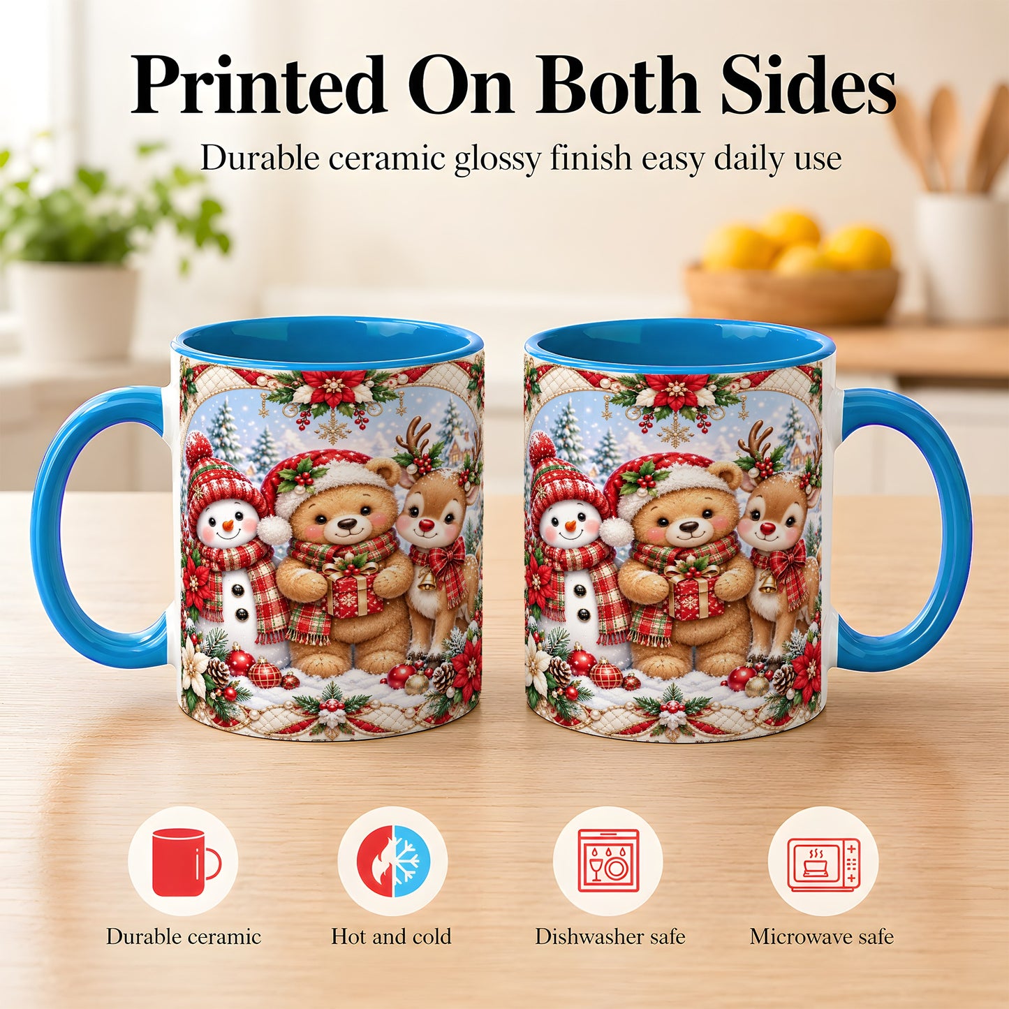 #pl[11oz|Blue] Winter Friends Coffee Mug, Snowman Reindeer Mug, Ceramic Cup