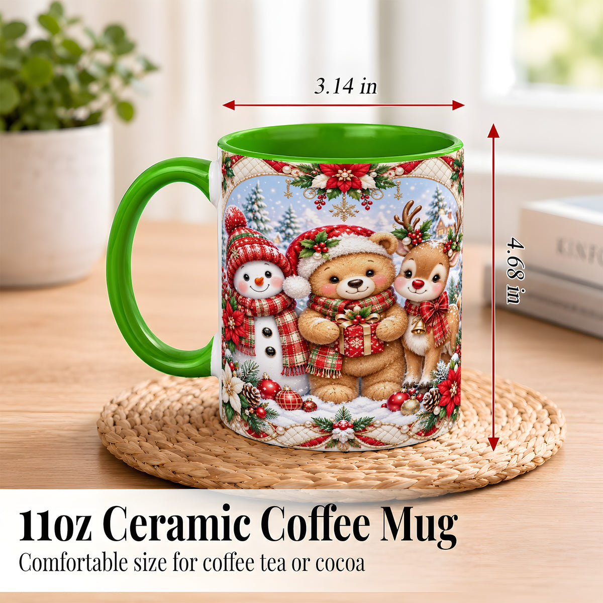 #pl[11oz|Green] Winter Friends Coffee Mug, Snowman Reindeer Mug, Ceramic Cup