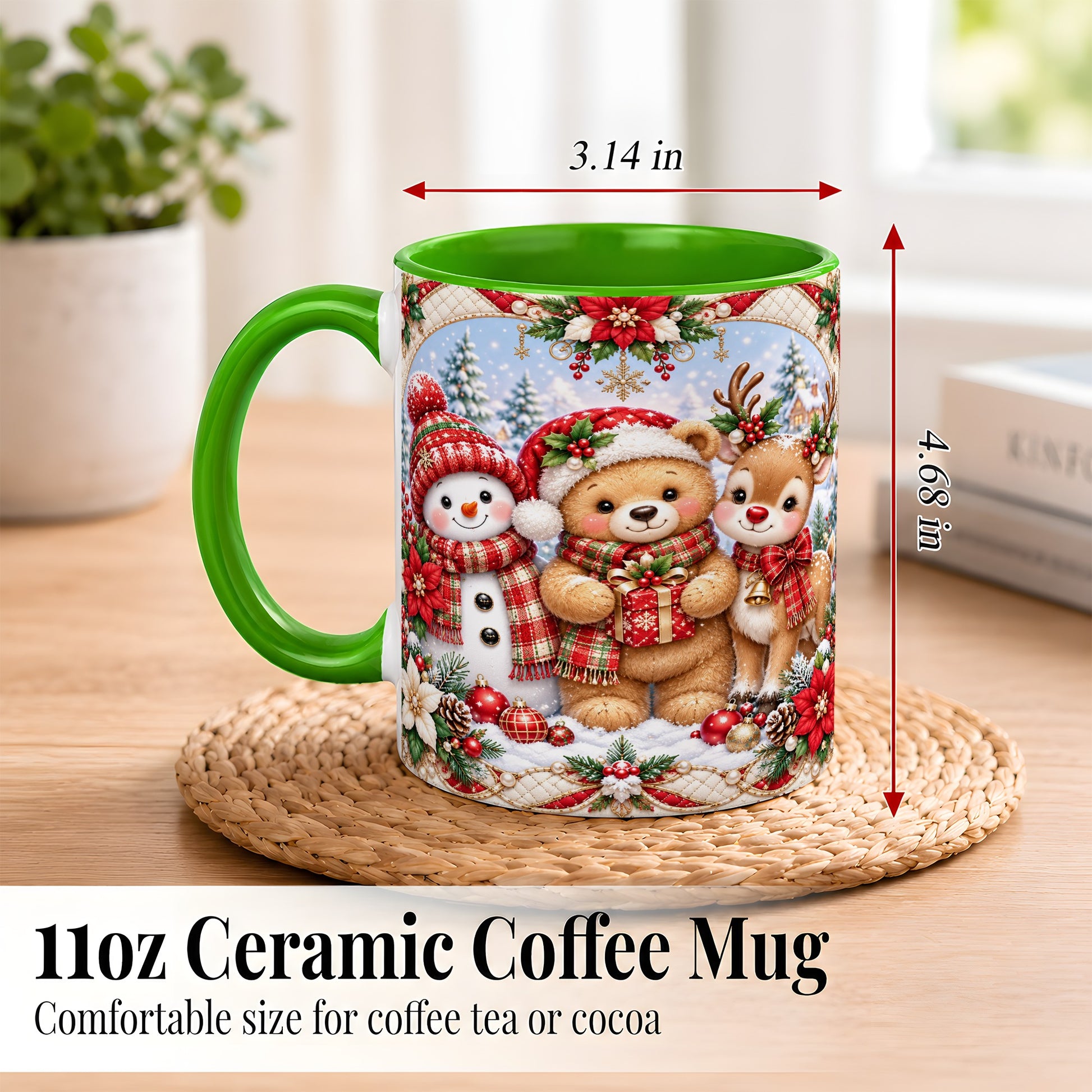 #pl[11oz|Green] Winter Friends Coffee Mug, Snowman Reindeer Mug, Ceramic Cup