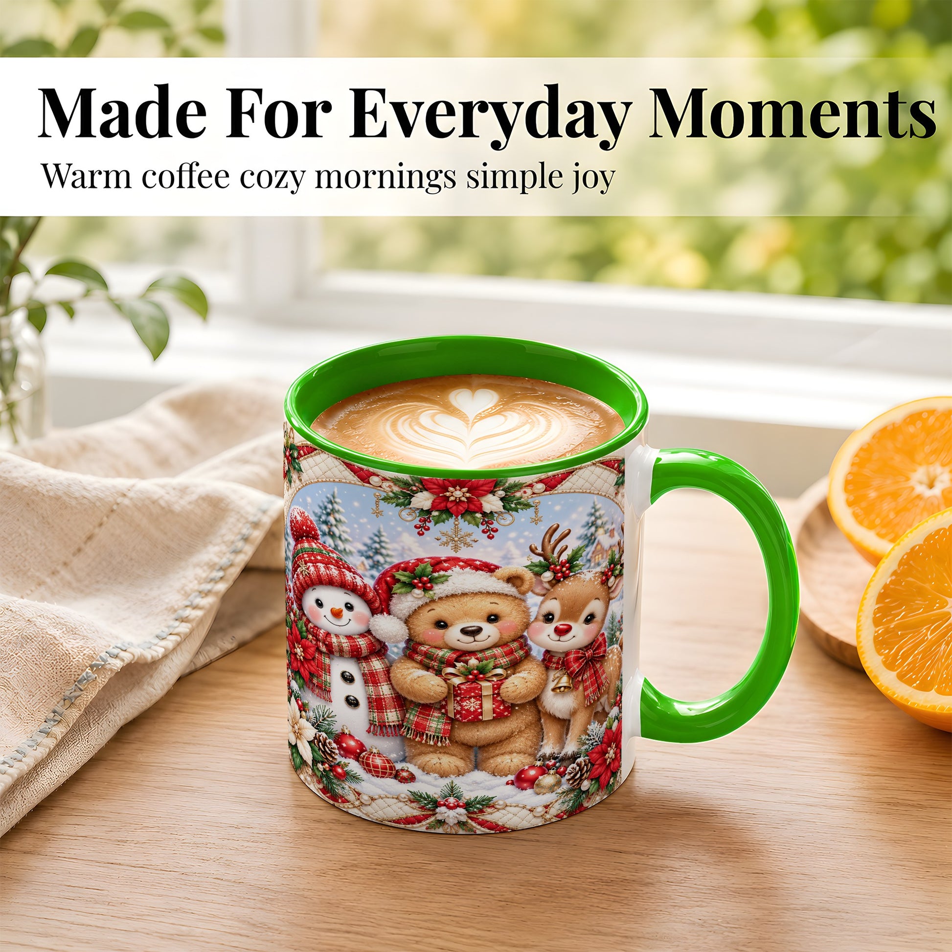 #pl[11oz|Green] Winter Friends Coffee Mug, Snowman Reindeer Mug, Ceramic Cup