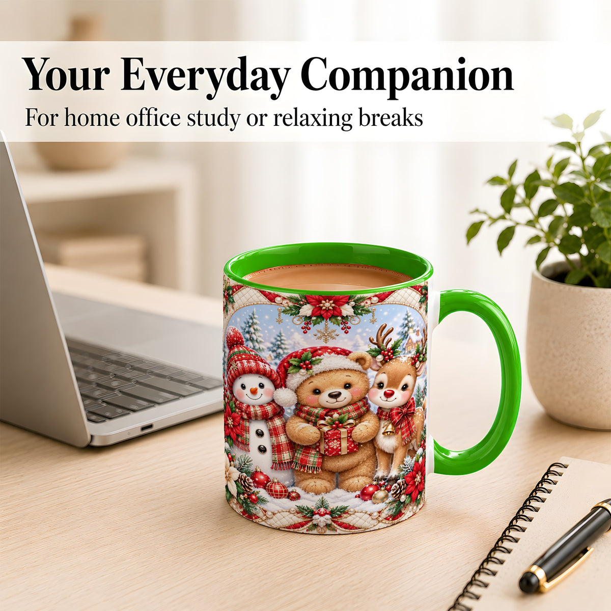 #pl[11oz|Green] Winter Friends Coffee Mug, Snowman Reindeer Mug, Ceramic Cup