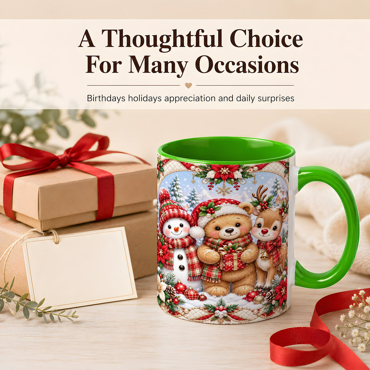 #pl[11oz|Green] Winter Friends Coffee Mug, Snowman Reindeer Mug, Ceramic Cup