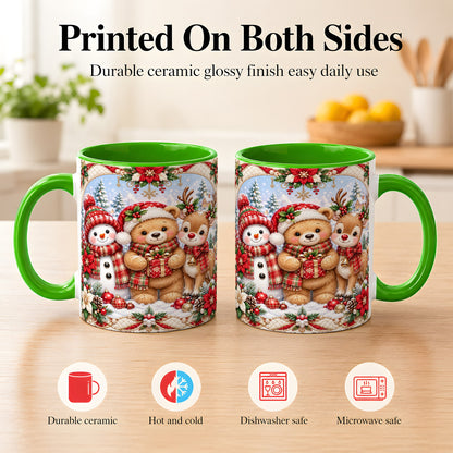 #pl[11oz|Green] Winter Friends Coffee Mug, Snowman Reindeer Mug, Ceramic Cup