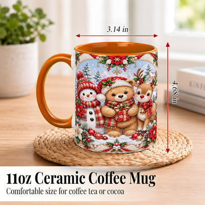 #pl[11oz|Orange] Winter Friends Coffee Mug, Snowman Reindeer Mug, Ceramic Cup