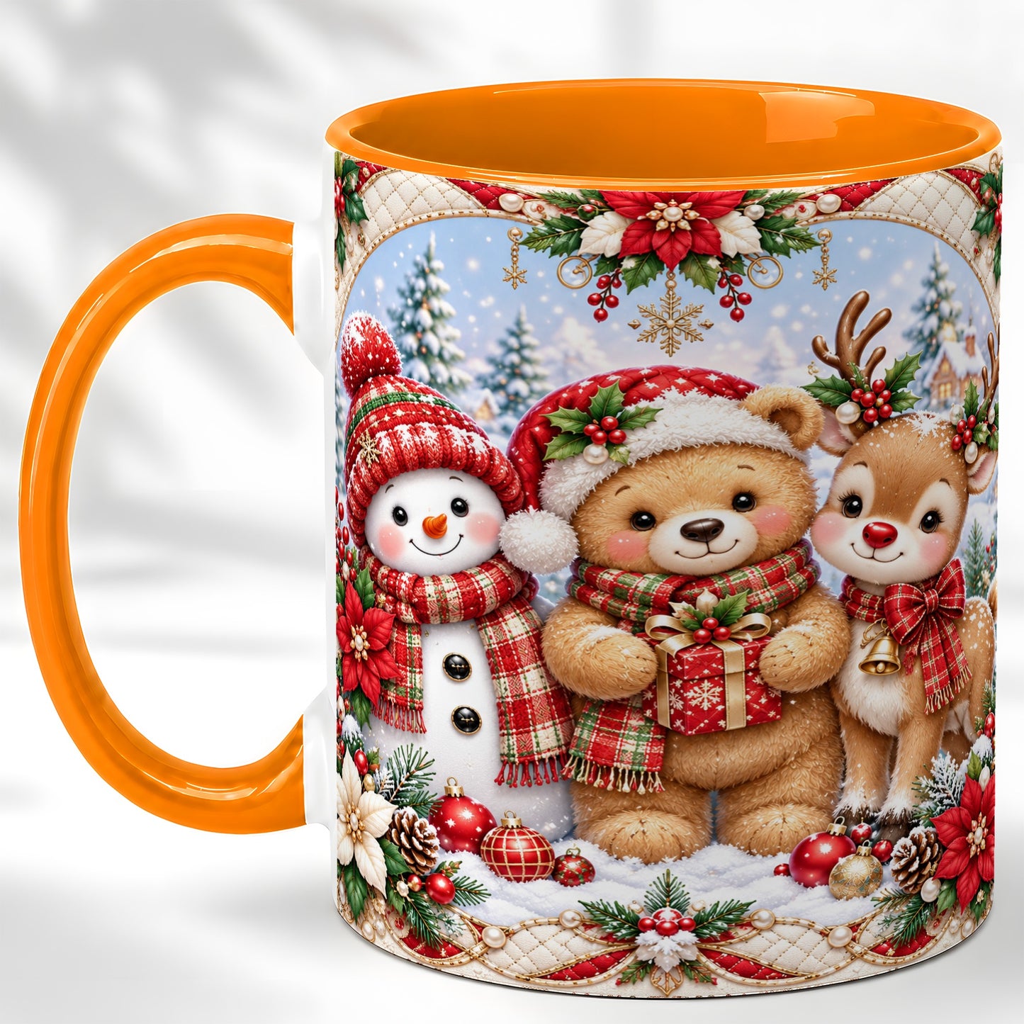 #pl[11oz|Orange] Winter Friends Coffee Mug, Snowman Reindeer Mug, Ceramic Cup