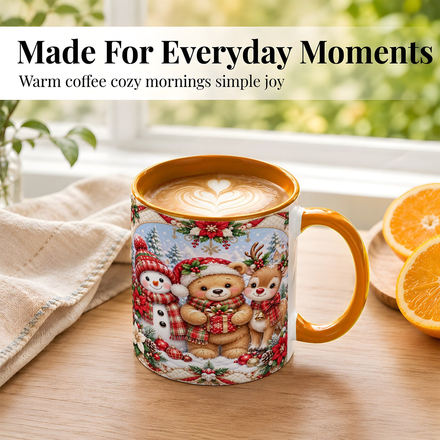 #pl[11oz|Orange] Winter Friends Coffee Mug, Snowman Reindeer Mug, Ceramic Cup