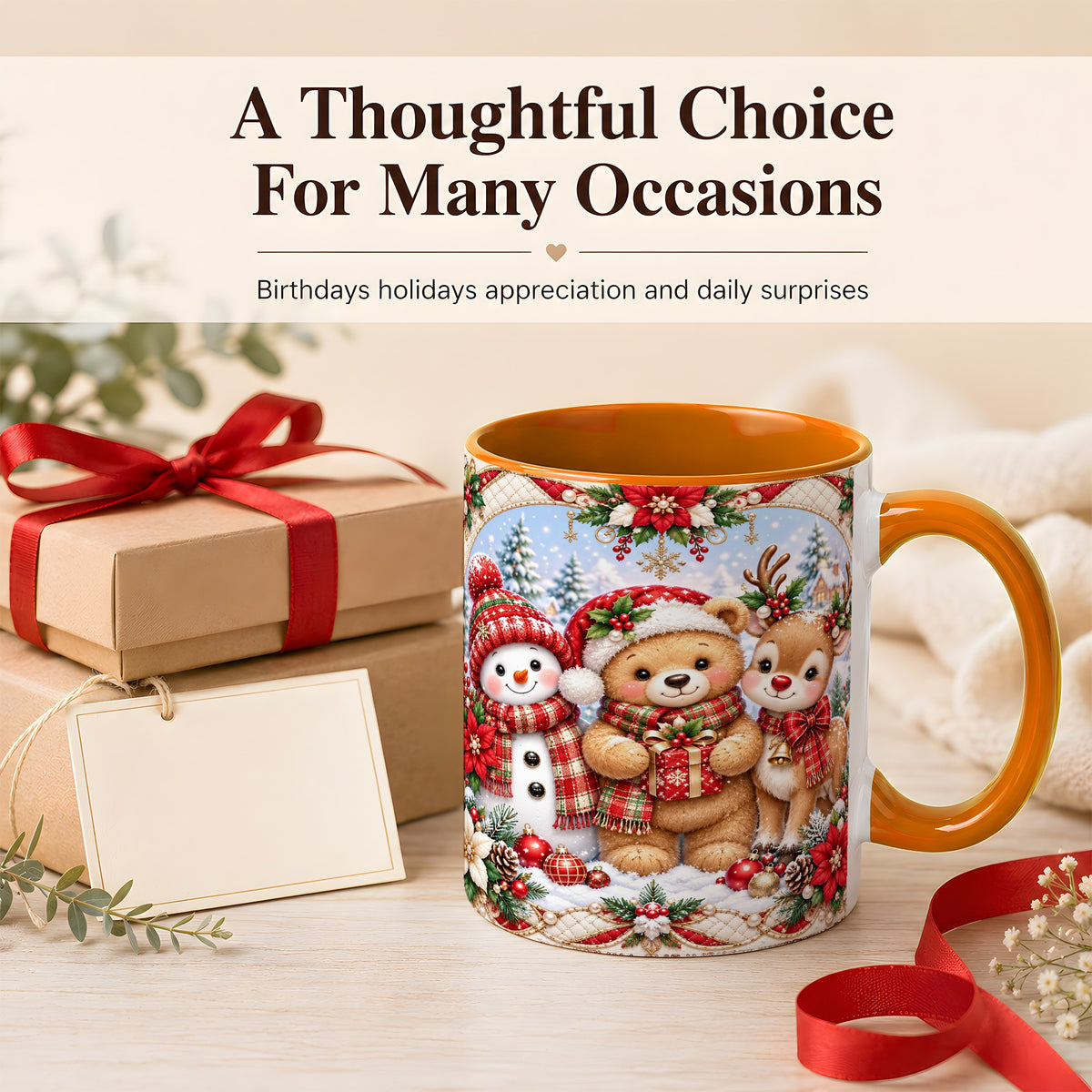 #pl[11oz|Orange] Winter Friends Coffee Mug, Snowman Reindeer Mug, Ceramic Cup