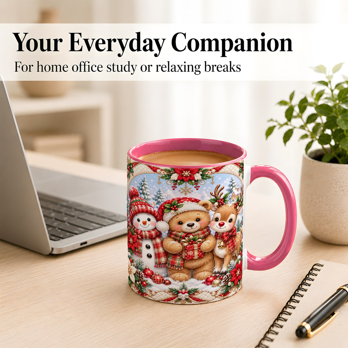 #pl[11oz|Pink] Winter Friends Coffee Mug, Snowman Reindeer Mug, Ceramic Cup