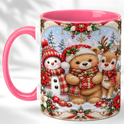 #pl[11oz|Pink] Winter Friends Coffee Mug, Snowman Reindeer Mug, Ceramic Cup