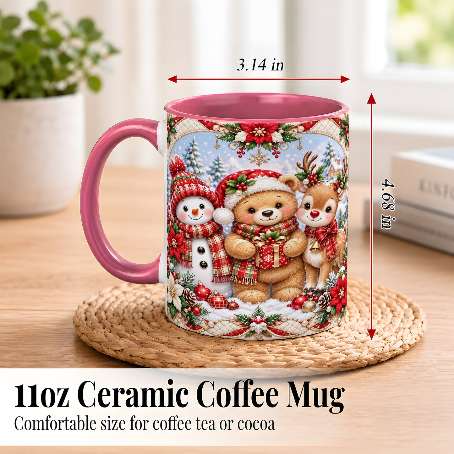 #pl[11oz|Pink] Winter Friends Coffee Mug, Snowman Reindeer Mug, Ceramic Cup