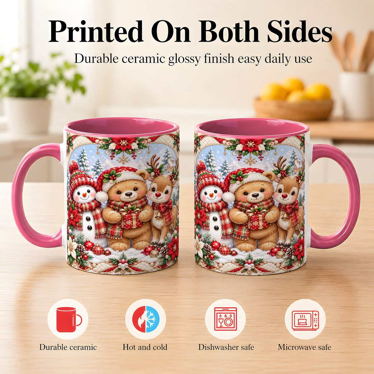 #pl[11oz|Pink] Winter Friends Coffee Mug, Snowman Reindeer Mug, Ceramic Cup