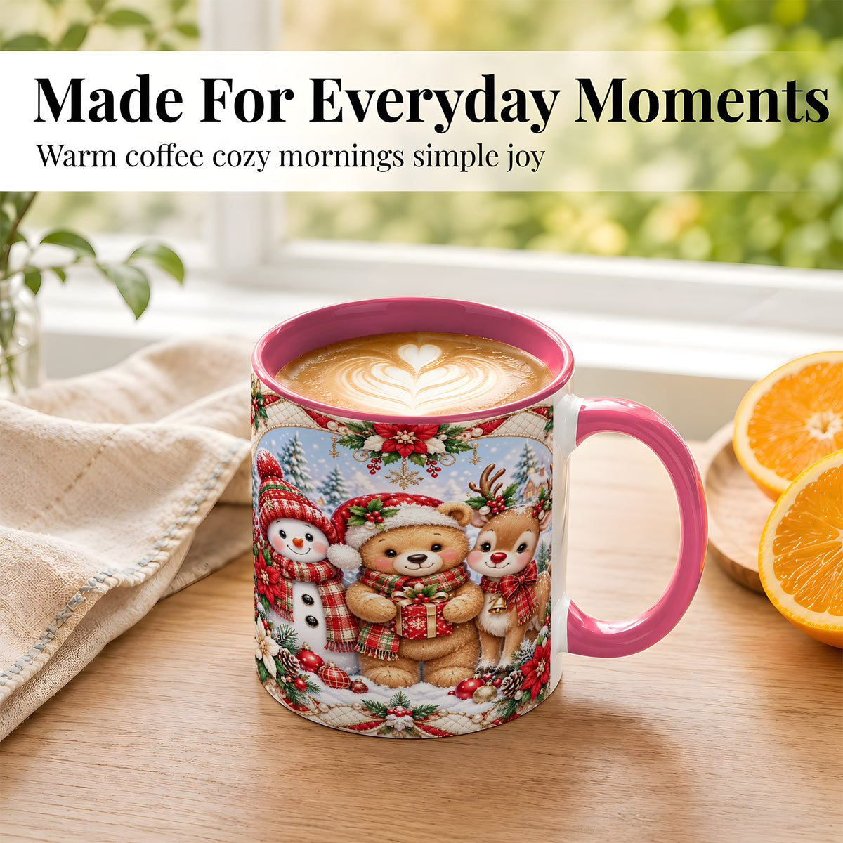 #pl[11oz|Pink] Winter Friends Coffee Mug, Snowman Reindeer Mug, Ceramic Cup