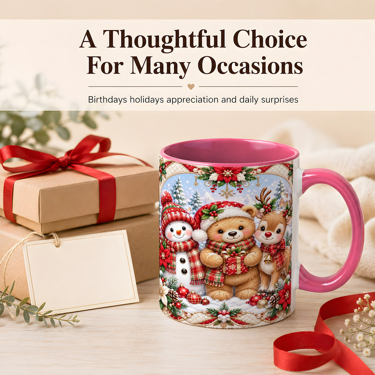 #pl[11oz|Pink] Winter Friends Coffee Mug, Snowman Reindeer Mug, Ceramic Cup