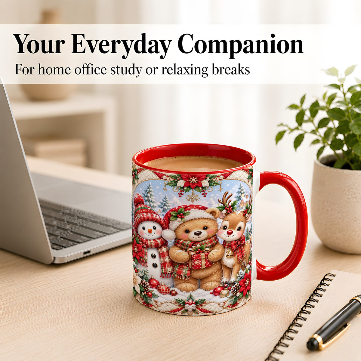 #pl[11oz|Red] Winter Friends Coffee Mug, Snowman Reindeer Mug, Ceramic Cup