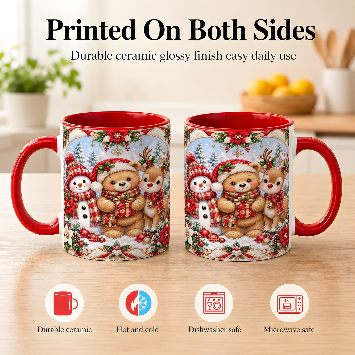 #pl[11oz|Red] Winter Friends Coffee Mug, Snowman Reindeer Mug, Ceramic Cup