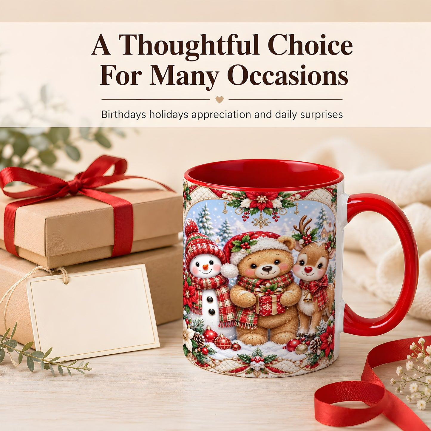 #pl[11oz|Red] Winter Friends Coffee Mug, Snowman Reindeer Mug, Ceramic Cup