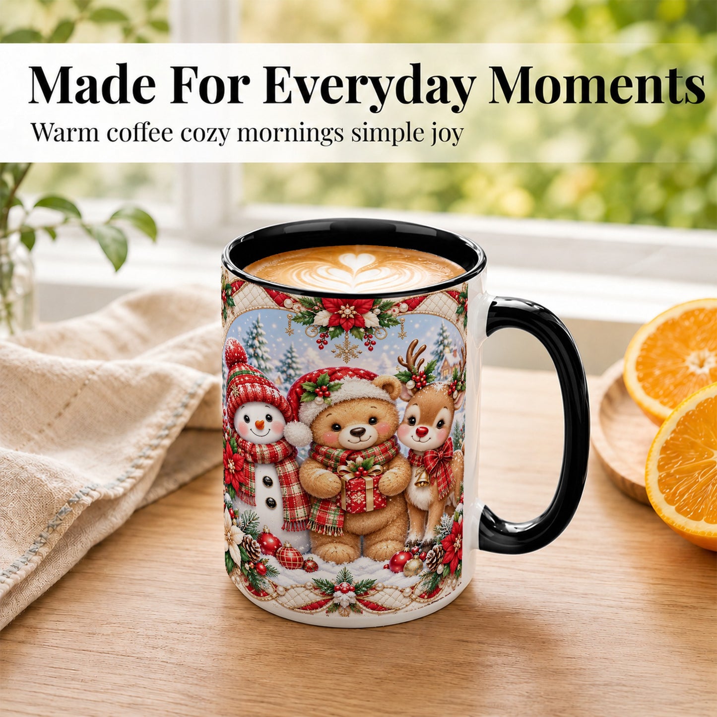 #pl[15oz|Black] Winter Friends Coffee Mug, Snowman Reindeer Mug, Ceramic Cup