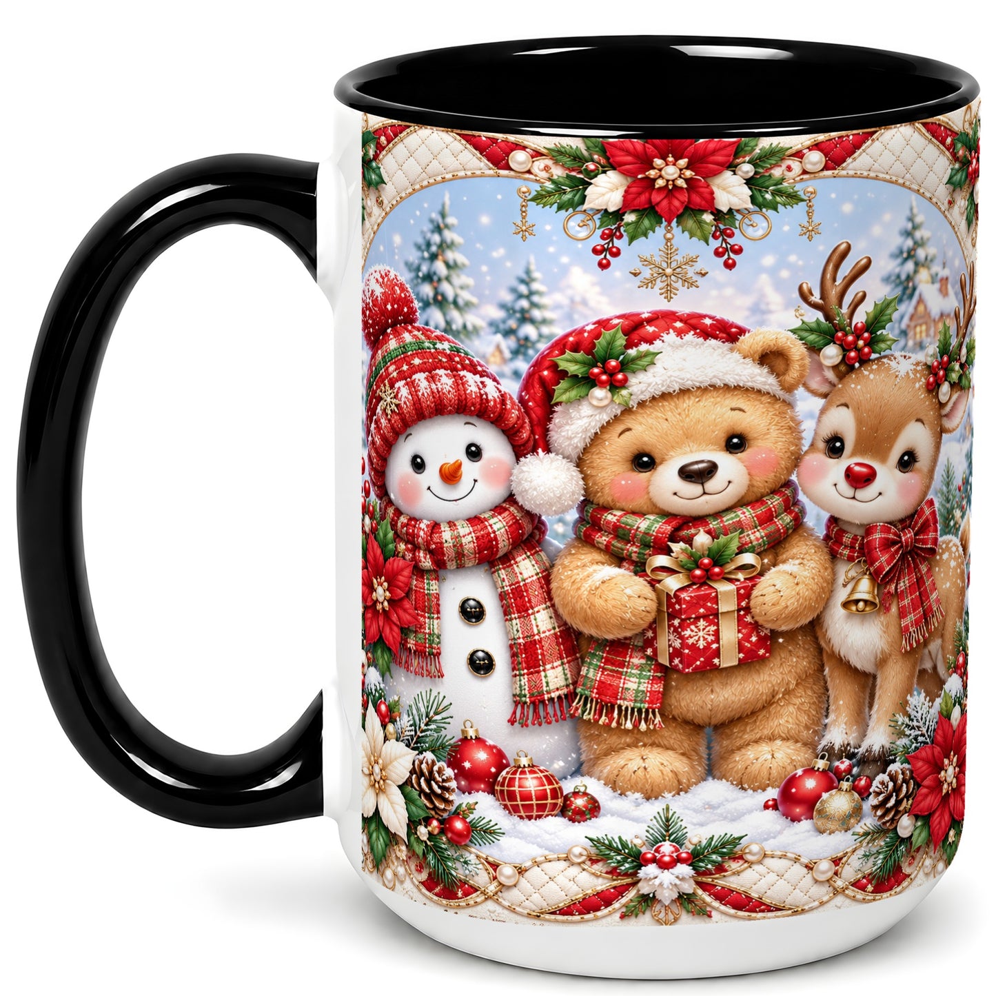 #pl[15oz|Black] Winter Friends Coffee Mug, Snowman Reindeer Mug, Ceramic Cup