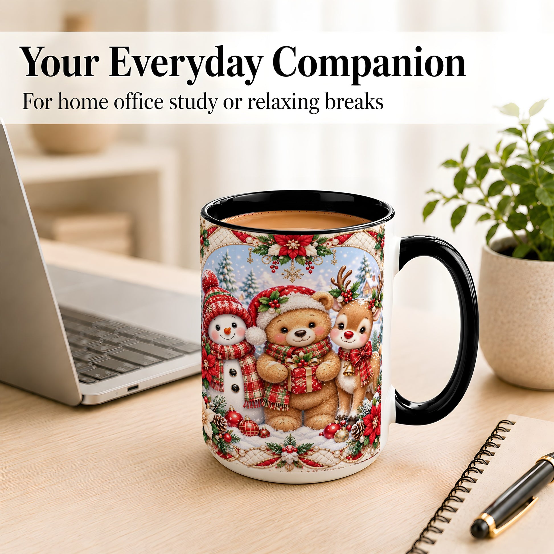 #pl[15oz|Black] Winter Friends Coffee Mug, Snowman Reindeer Mug, Ceramic Cup