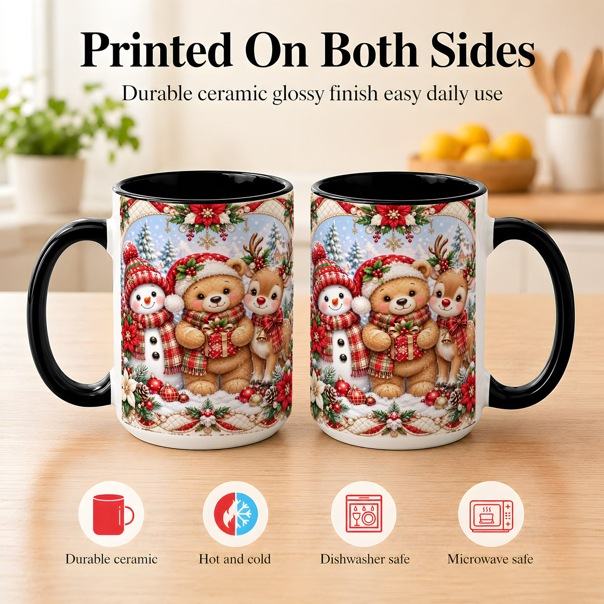 #pl[15oz|Black] Winter Friends Coffee Mug, Snowman Reindeer Mug, Ceramic Cup
