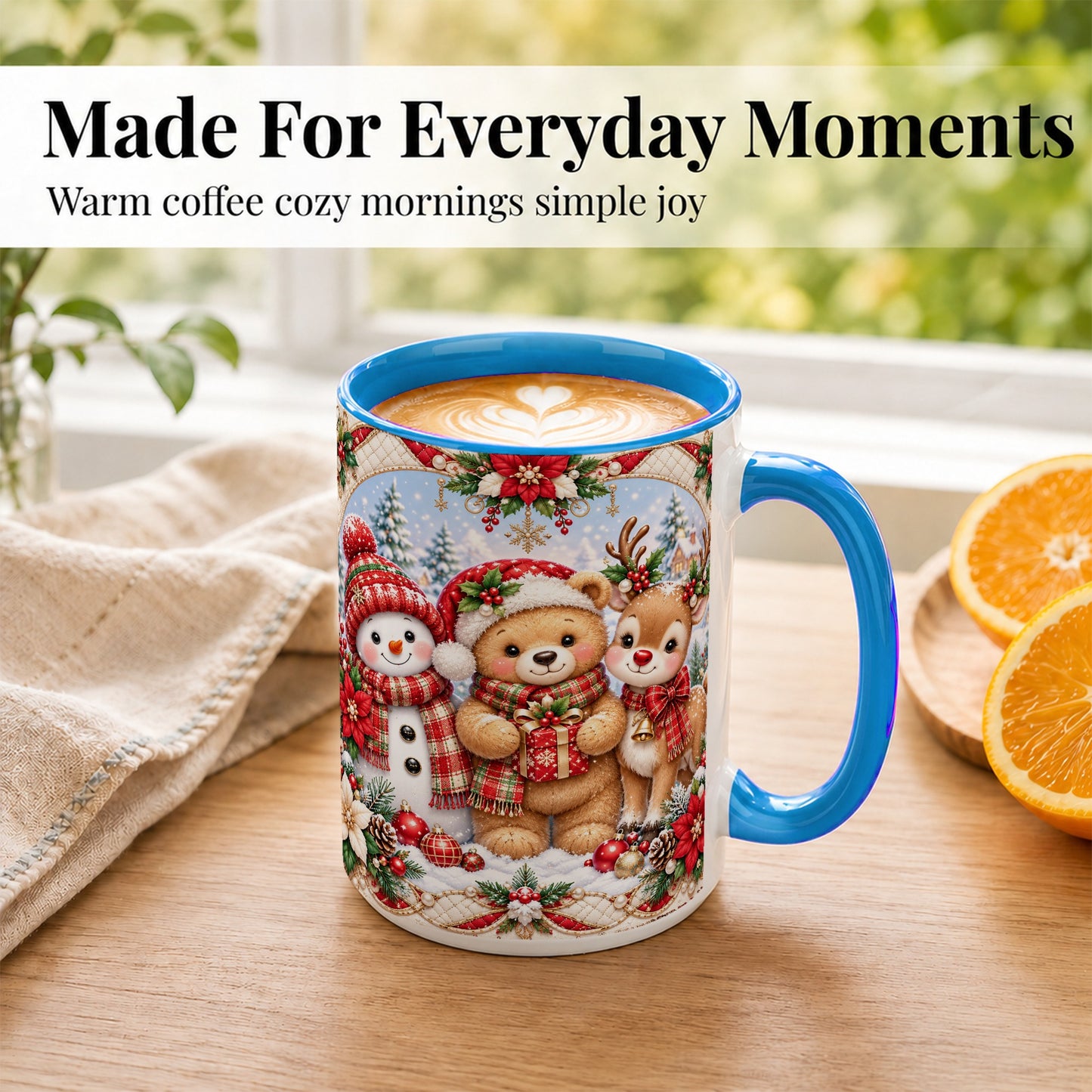 #pl[15oz|Blue] Winter Friends Coffee Mug, Snowman Reindeer Mug, Ceramic Cup