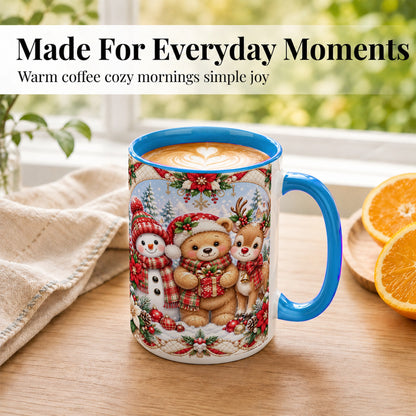 #pl[15oz|Blue] Winter Friends Coffee Mug, Snowman Reindeer Mug, Ceramic Cup