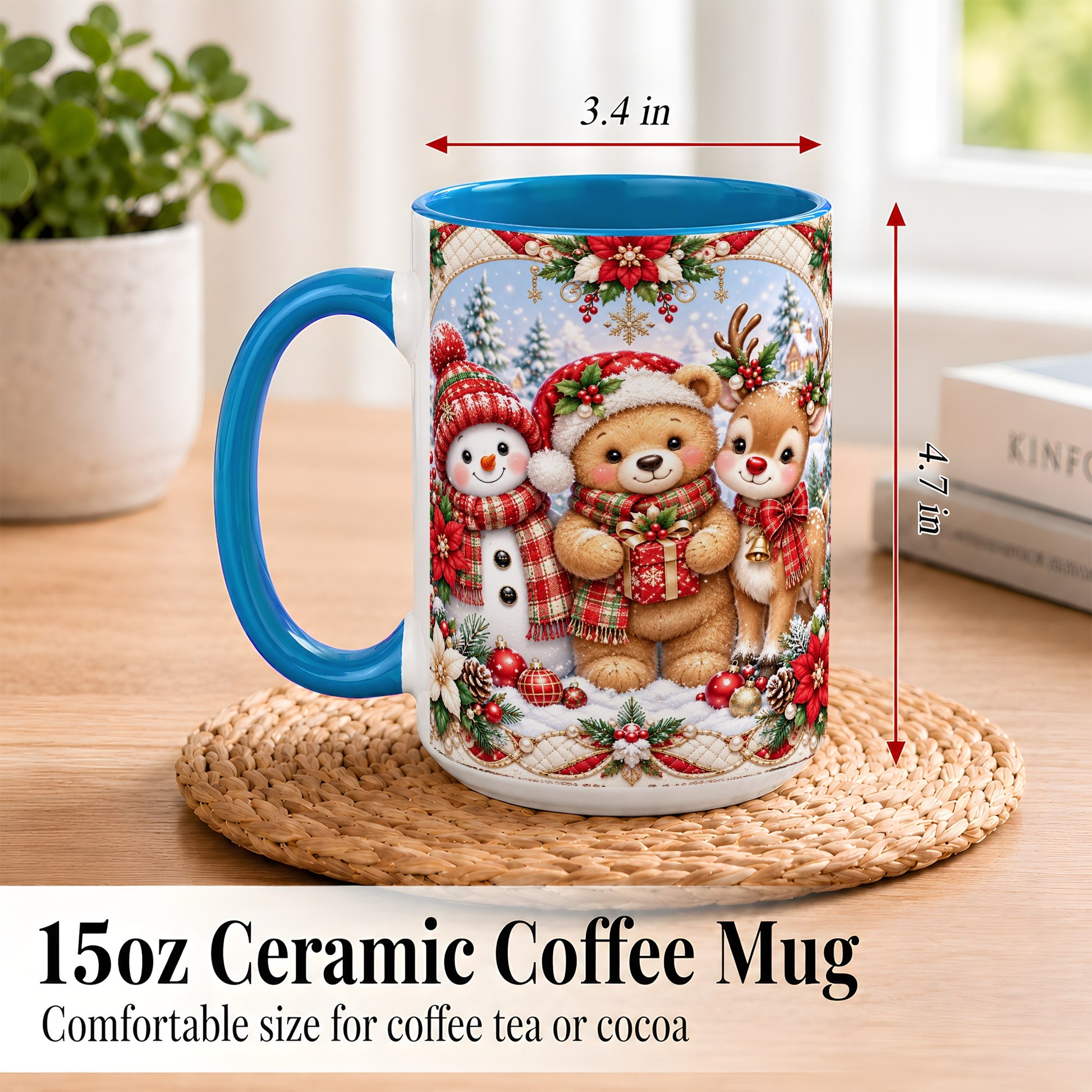 #pl[15oz|Blue] Winter Friends Coffee Mug, Snowman Reindeer Mug, Ceramic Cup