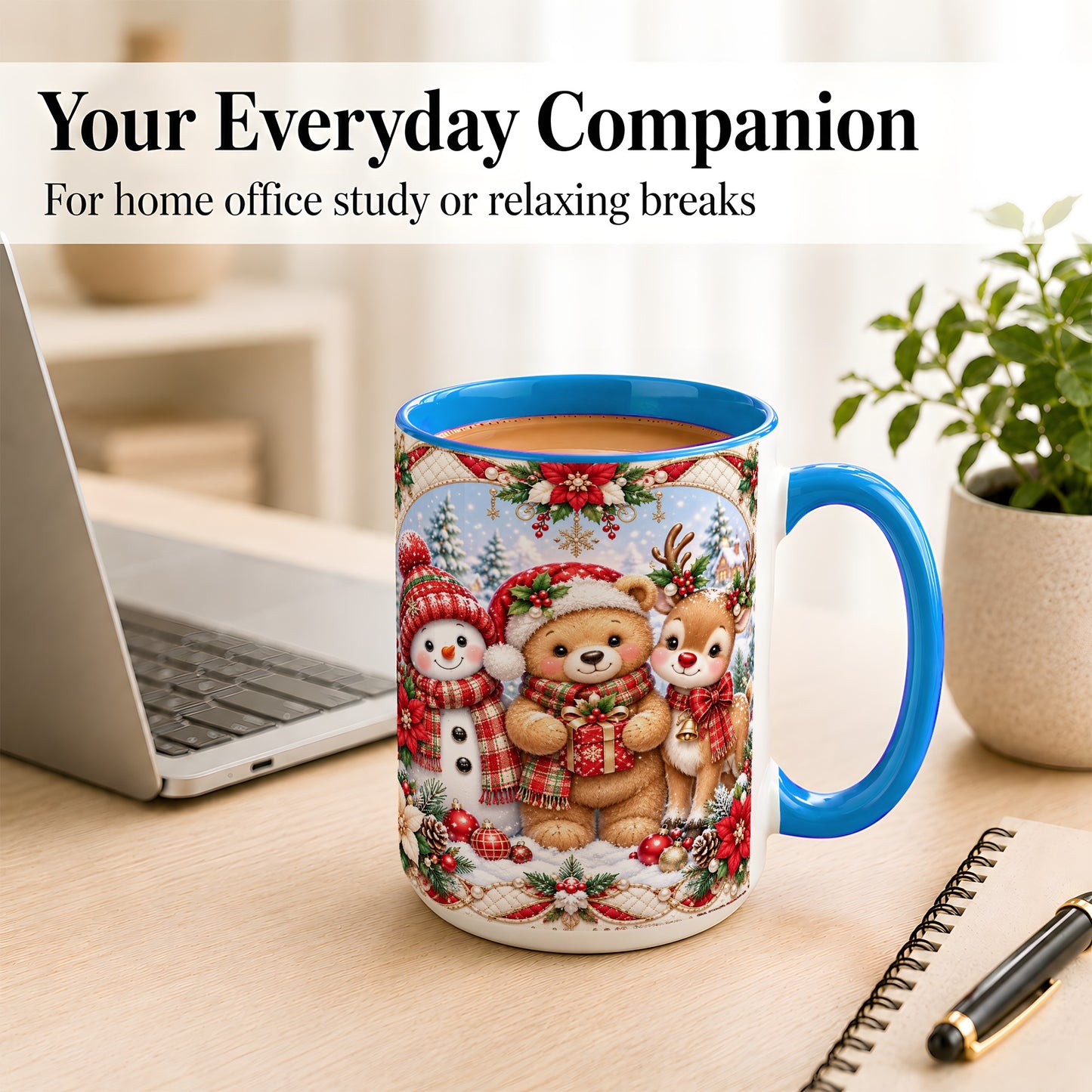 #pl[15oz|Blue] Winter Friends Coffee Mug, Snowman Reindeer Mug, Ceramic Cup