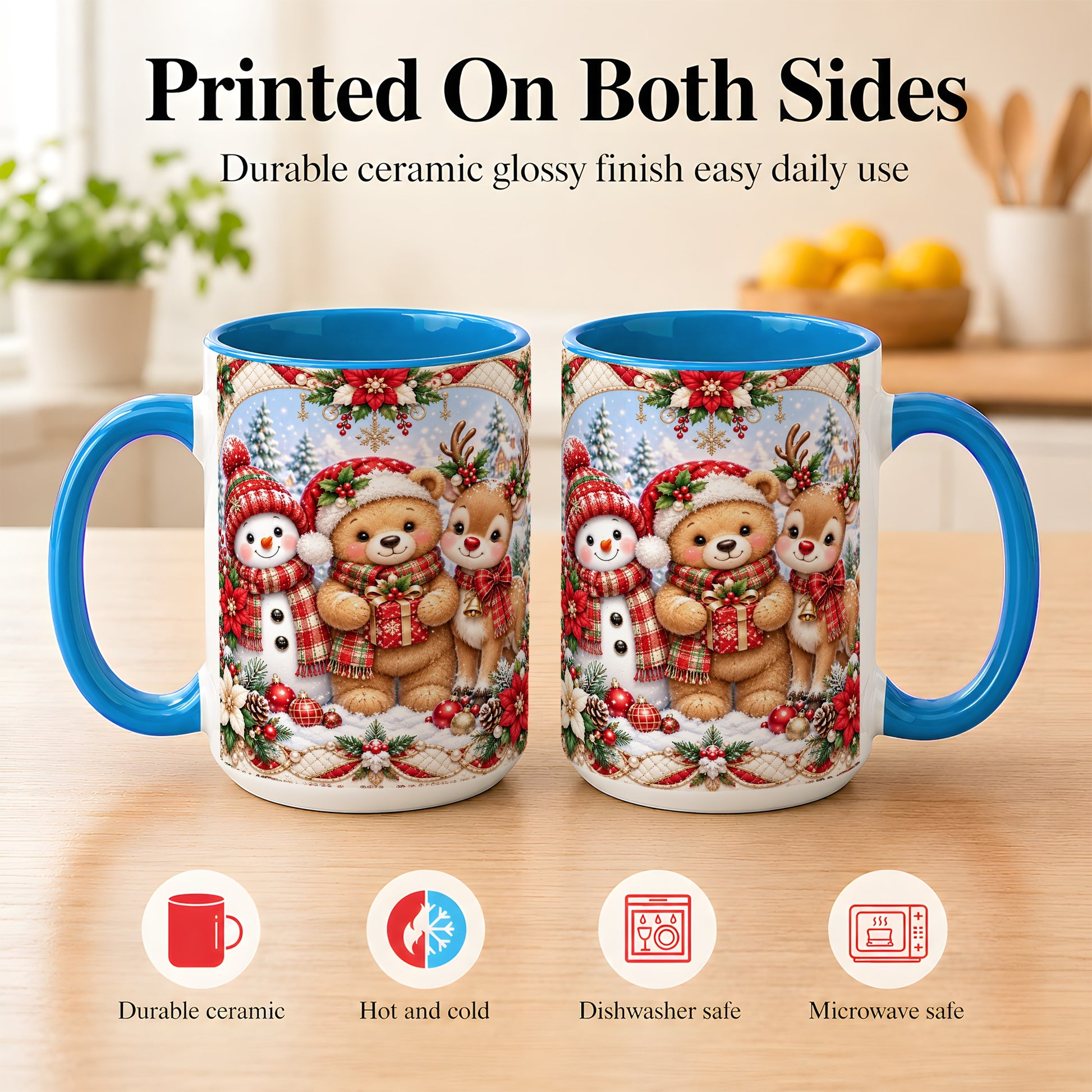 #pl[15oz|Blue] Winter Friends Coffee Mug, Snowman Reindeer Mug, Ceramic Cup
