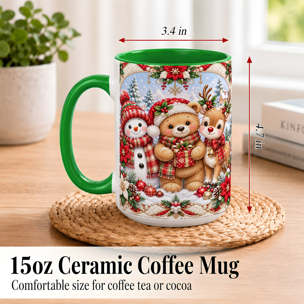 #pl[15oz|Green] Winter Friends Coffee Mug, Snowman Reindeer Mug, Ceramic Cup