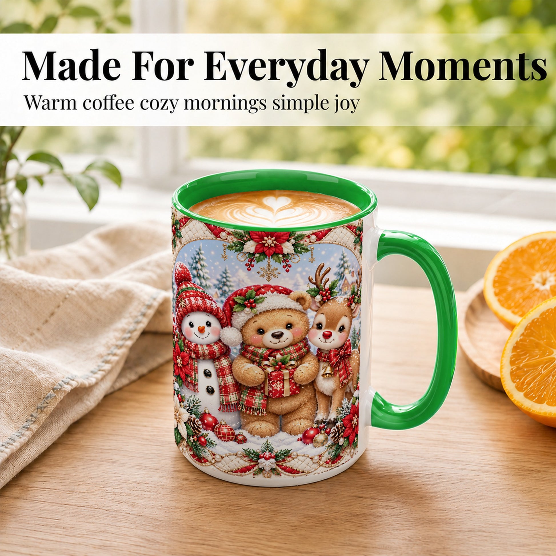 #pl[15oz|Green] Winter Friends Coffee Mug, Snowman Reindeer Mug, Ceramic Cup
