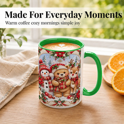 #pl[15oz|Green] Winter Friends Coffee Mug, Snowman Reindeer Mug, Ceramic Cup