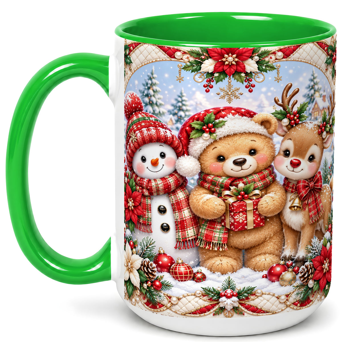 #pl[15oz|Green] Winter Friends Coffee Mug, Snowman Reindeer Mug, Ceramic Cup