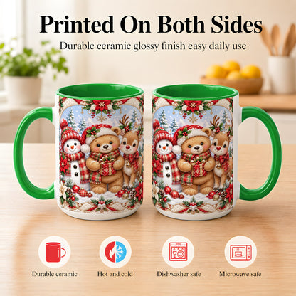 #pl[15oz|Green] Winter Friends Coffee Mug, Snowman Reindeer Mug, Ceramic Cup