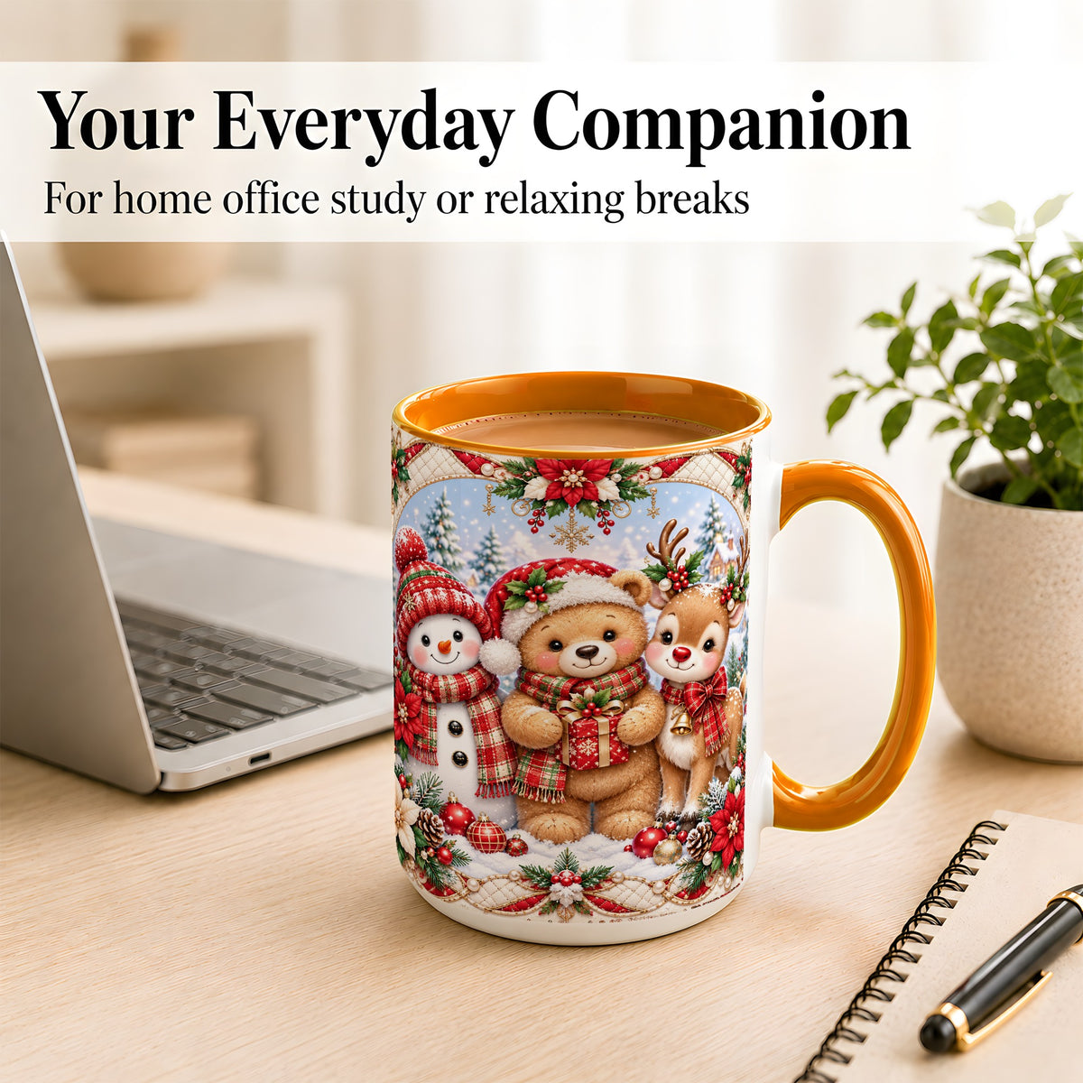 #pl[15oz|Orange] Winter Friends Coffee Mug, Snowman Reindeer Mug, Ceramic Cup