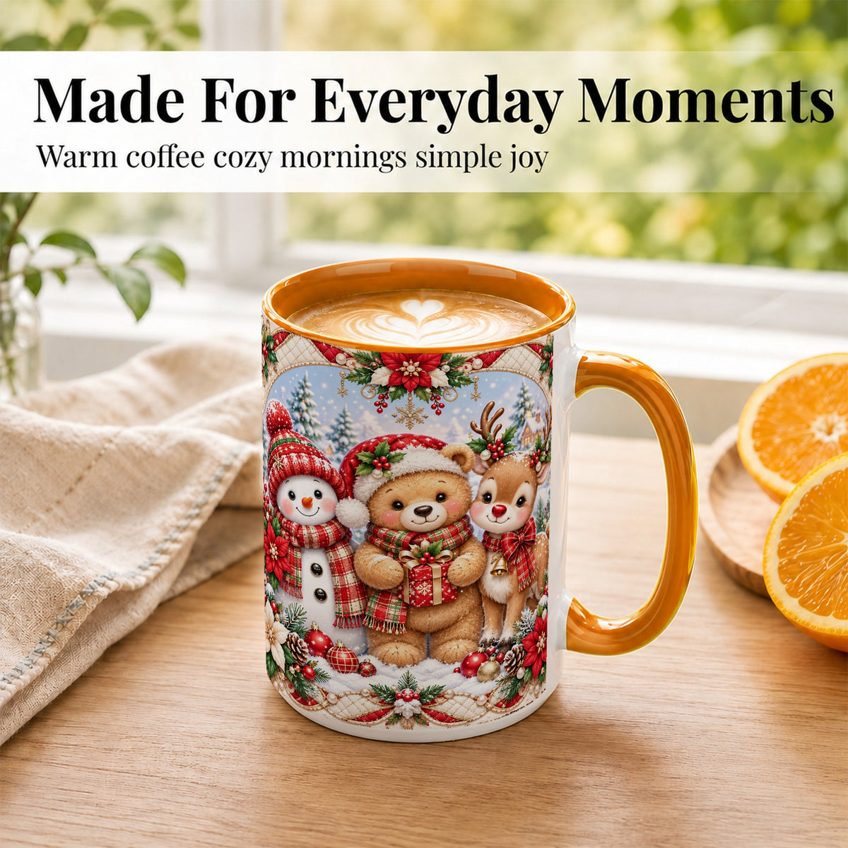 #pl[15oz|Orange] Winter Friends Coffee Mug, Snowman Reindeer Mug, Ceramic Cup