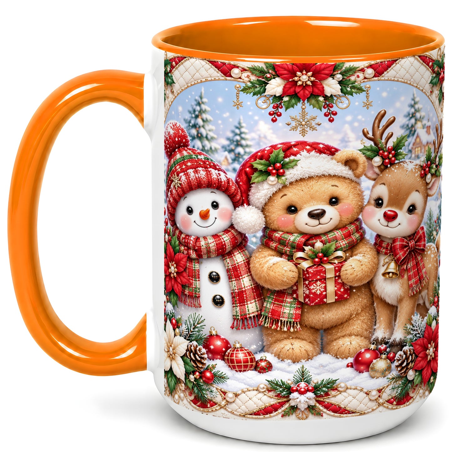 #pl[15oz|Orange] Winter Friends Coffee Mug, Snowman Reindeer Mug, Ceramic Cup