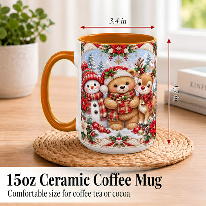 #pl[15oz|Orange] Winter Friends Coffee Mug, Snowman Reindeer Mug, Ceramic Cup