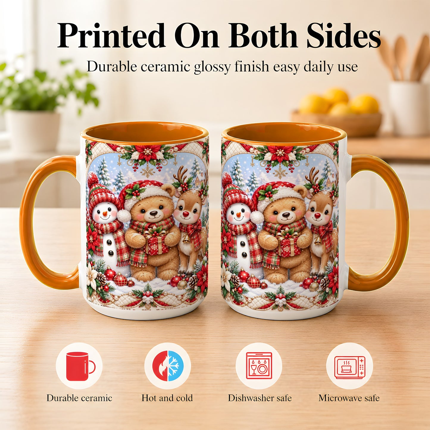 #pl[15oz|Orange] Winter Friends Coffee Mug, Snowman Reindeer Mug, Ceramic Cup