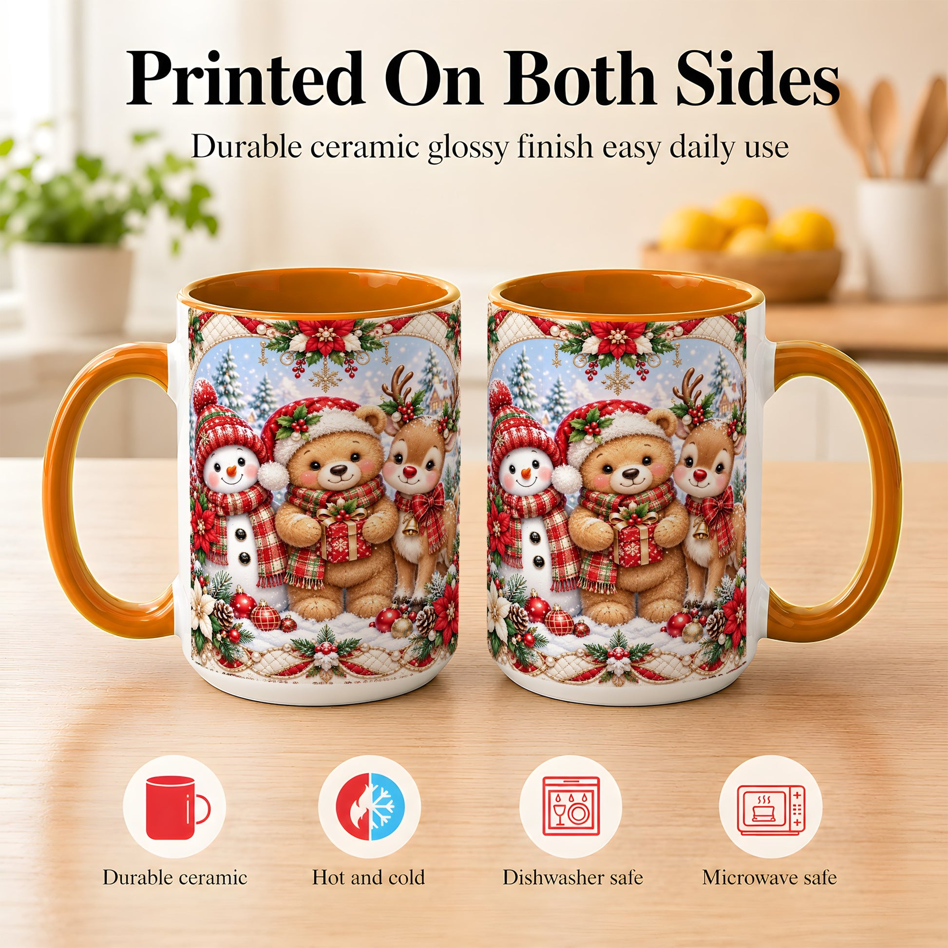 #pl[15oz|Orange] Winter Friends Coffee Mug, Snowman Reindeer Mug, Ceramic Cup