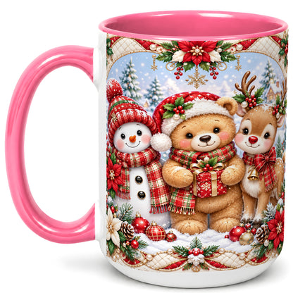 #pl[15oz|Pink] Winter Friends Coffee Mug, Snowman Reindeer Mug, Ceramic Cup