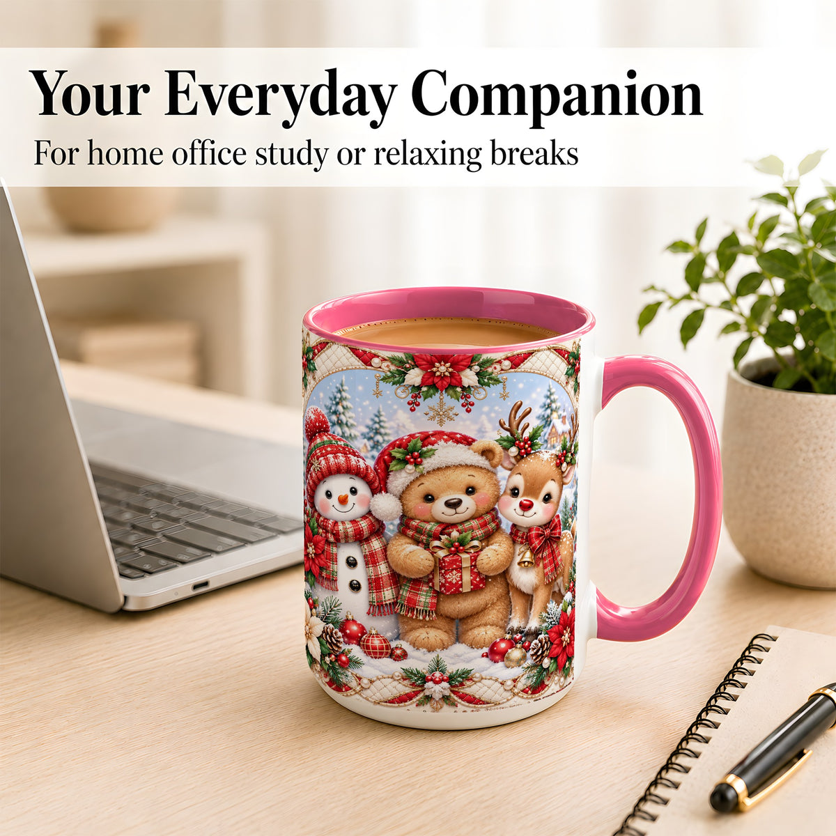 #pl[15oz|Pink] Winter Friends Coffee Mug, Snowman Reindeer Mug, Ceramic Cup
