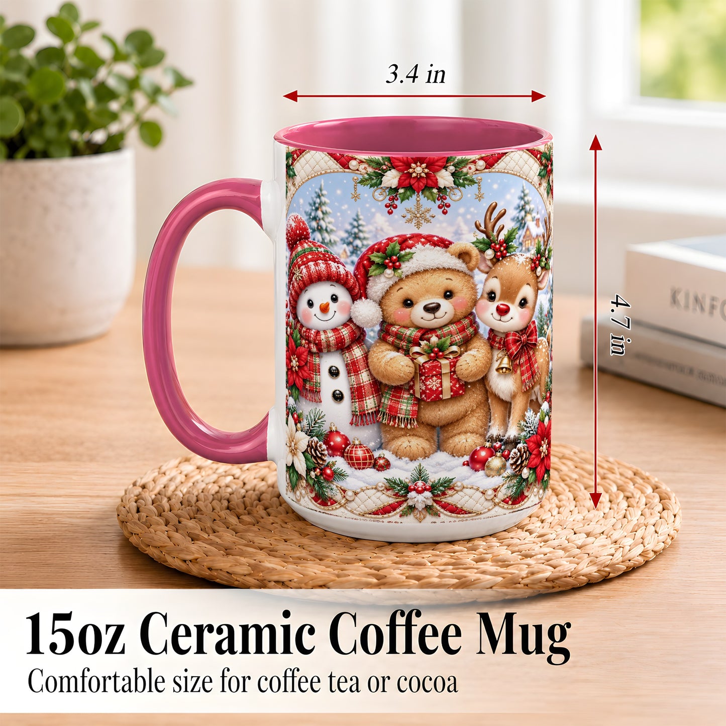 #pl[15oz|Pink] Winter Friends Coffee Mug, Snowman Reindeer Mug, Ceramic Cup