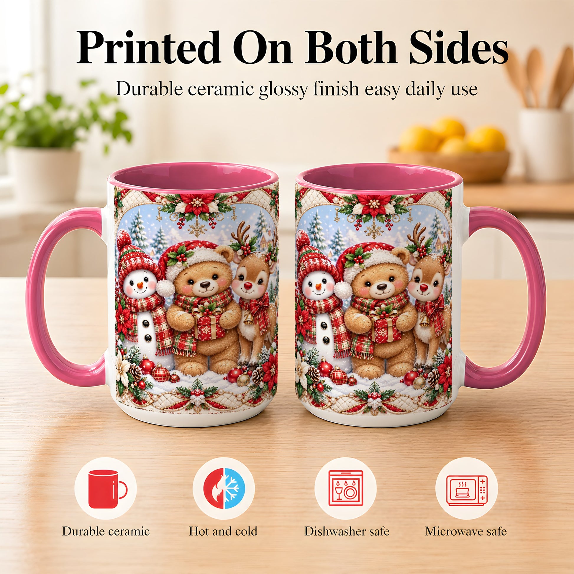 #pl[15oz|Pink] Winter Friends Coffee Mug, Snowman Reindeer Mug, Ceramic Cup
