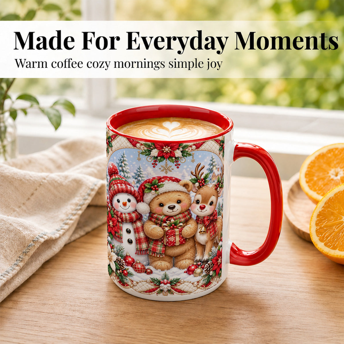 #pl[15oz|Red] Winter Friends Coffee Mug, Snowman Reindeer Mug, Ceramic Cup