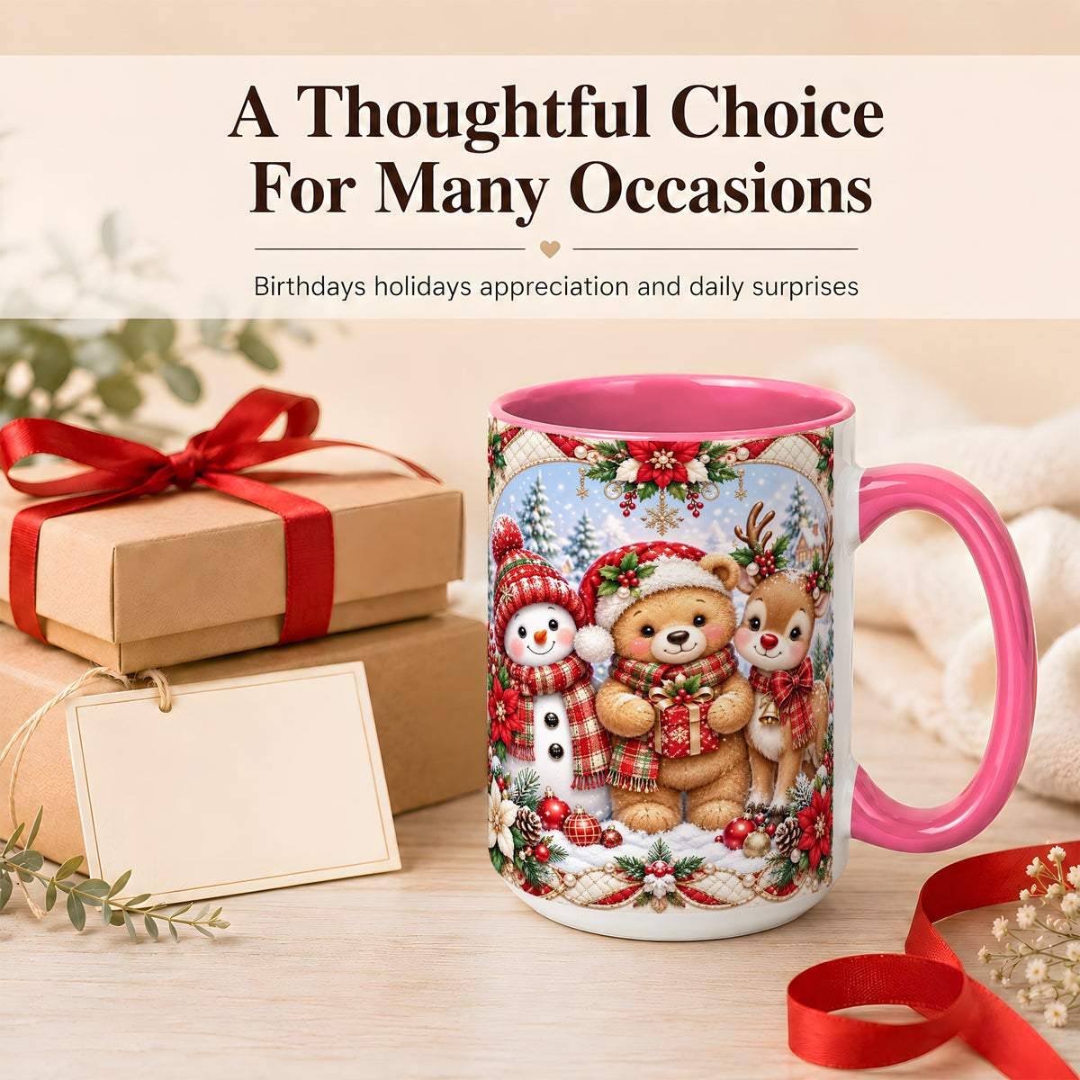 #pl[15oz|Pink] Winter Friends Coffee Mug, Snowman Reindeer Mug, Ceramic Cup