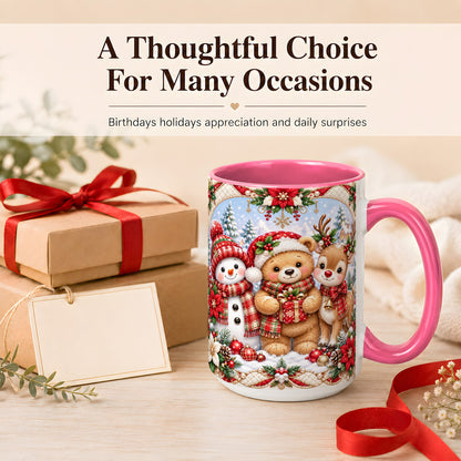 #pl[15oz|Pink] Winter Friends Coffee Mug, Snowman Reindeer Mug, Ceramic Cup