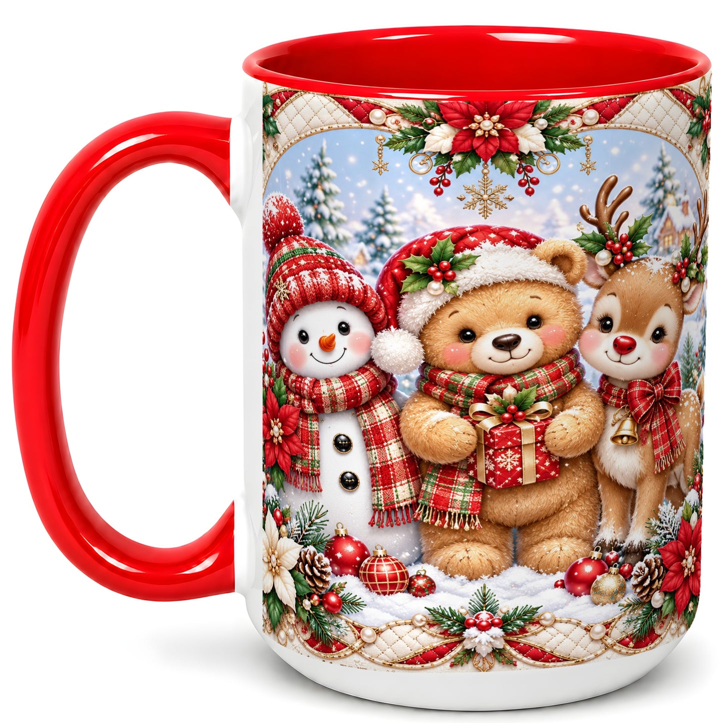 #pl[15oz|Red] Winter Friends Coffee Mug, Snowman Reindeer Mug, Ceramic Cup
