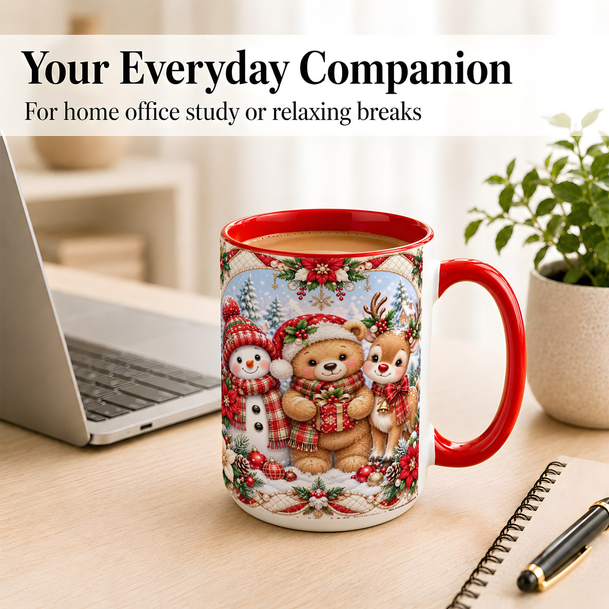 #pl[15oz|Red] Winter Friends Coffee Mug, Snowman Reindeer Mug, Ceramic Cup