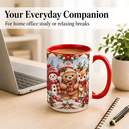 #pl[15oz|Red] Winter Friends Coffee Mug, Snowman Reindeer Mug, Ceramic Cup